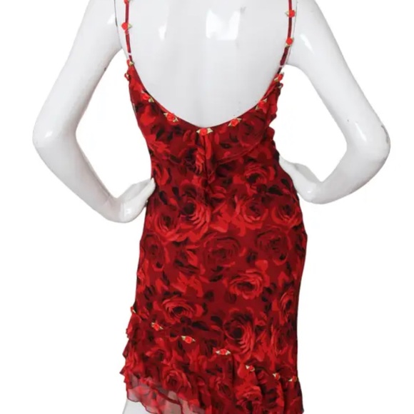 VINTAGE SILK CACHE MIDI DRESS ROSES 2 4 XS S - Picture 3 of 4